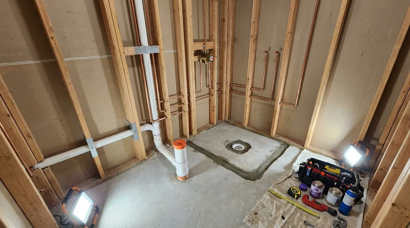 Bathroom rough-in plumbing during remodel by Johns Plumbing LLC in Huron