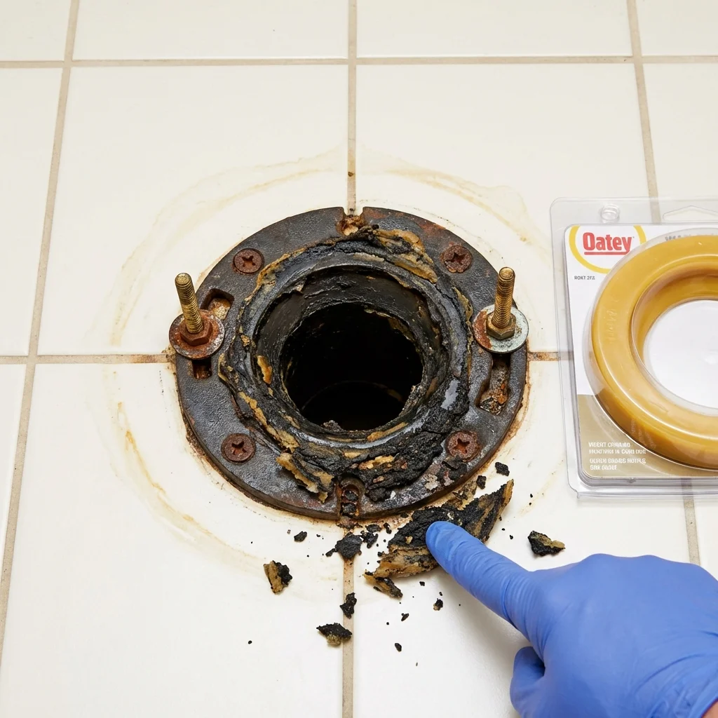 Failed wax ring showing water seepage at the base of a toilet in a Huron, SD home