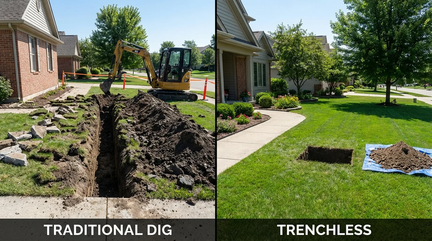 Trenchless sewer repair with minimal yard damage versus traditional excavation in Huron, SD