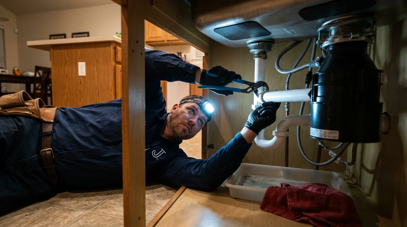 P-trap and supply line connections under a kitchen sink showing a common leak point in Huron, SD